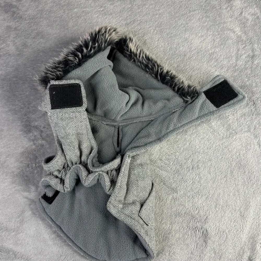 Herringbone Dog Coat Unisex‎ Small Grey Faux Fur Hooded Fleece Lined